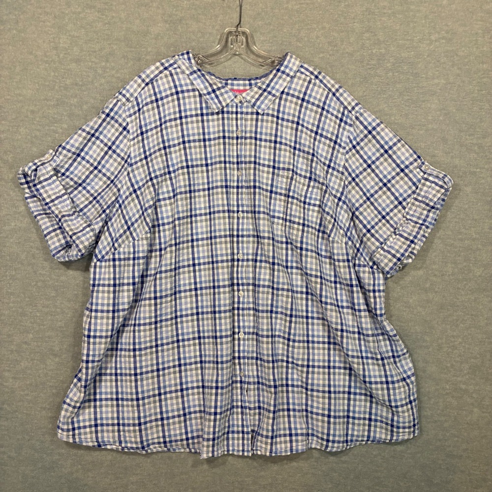 Woman Within Blue White Plaid Seersucker Button Up Shirt 5X 38/40 30-1971-8